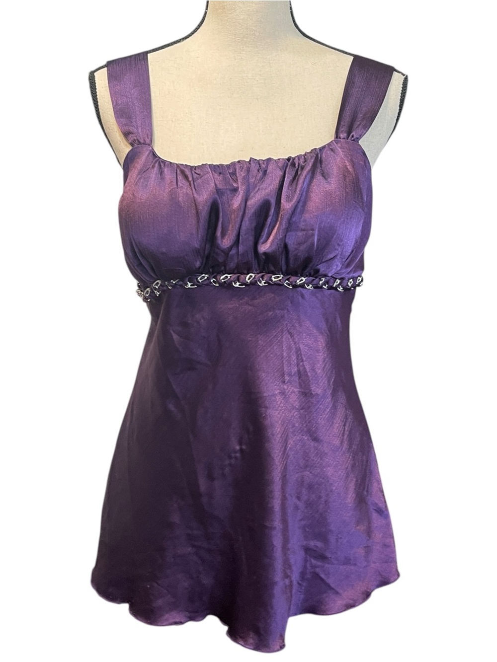Purple Satin Retro Babydoll Empire Waist Going Out Top Blouse 2000 Millennium